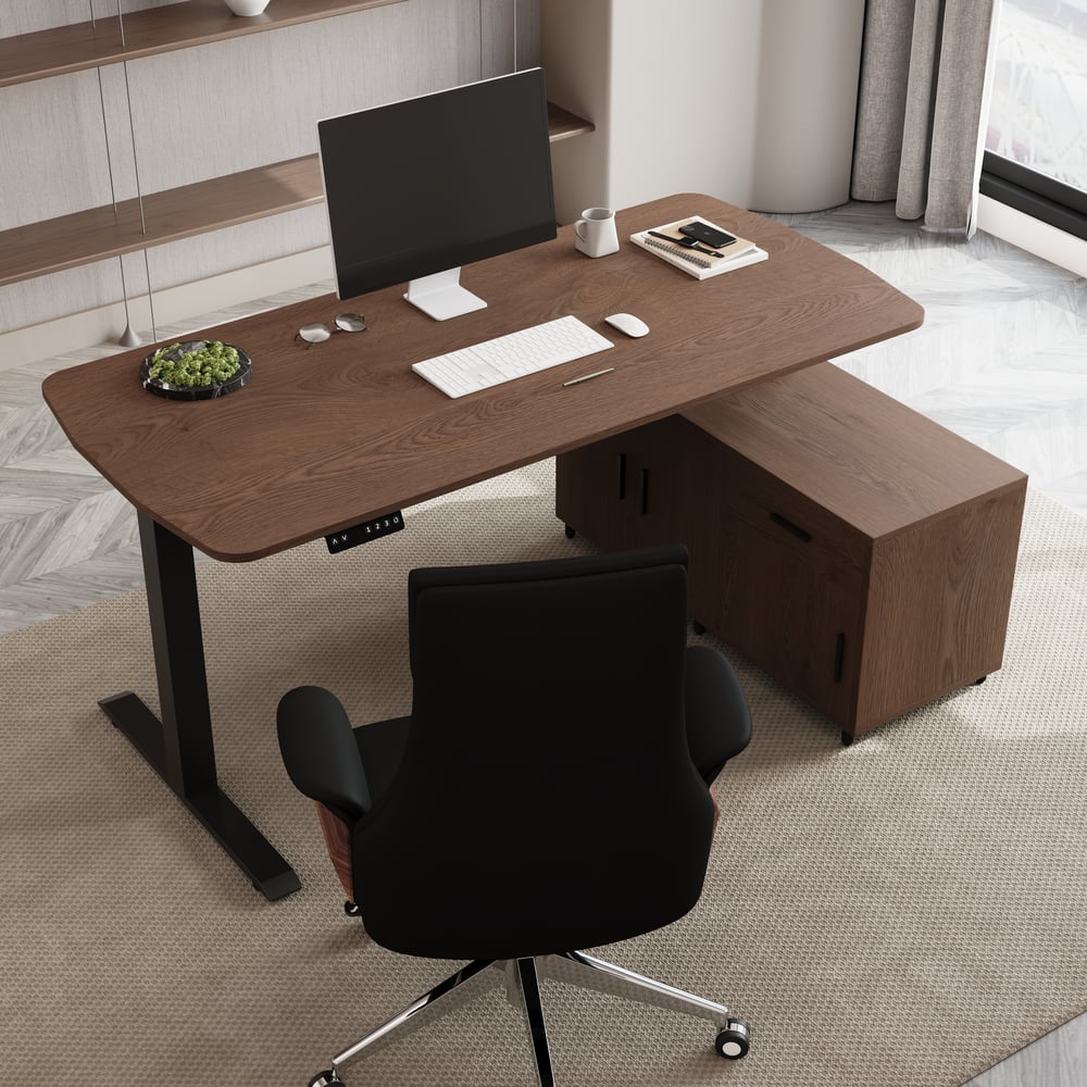 Modern Walnut L Shaped Adjustable Electric Standing Executive Desk Right Hand (63" ) window image