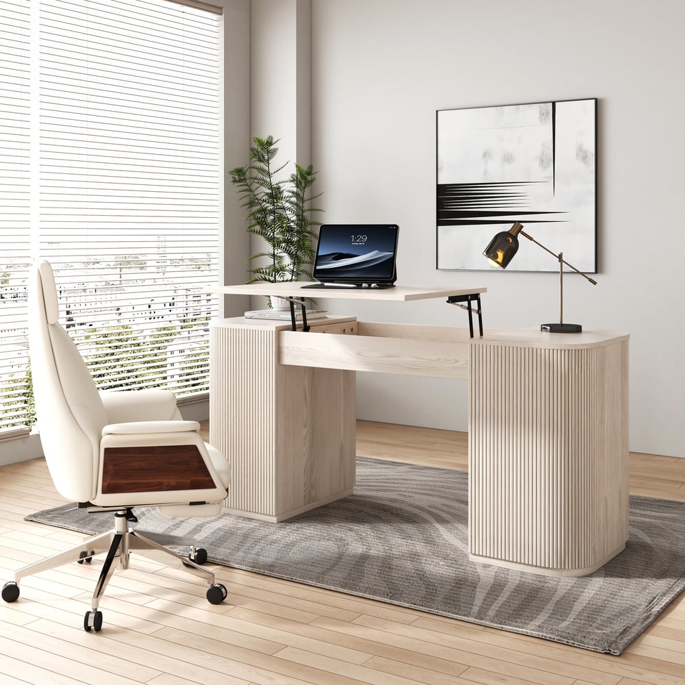 Modern Wash White Standing Computer Desk with 2 Doors and Storage Office Desk (59.8" ) window image