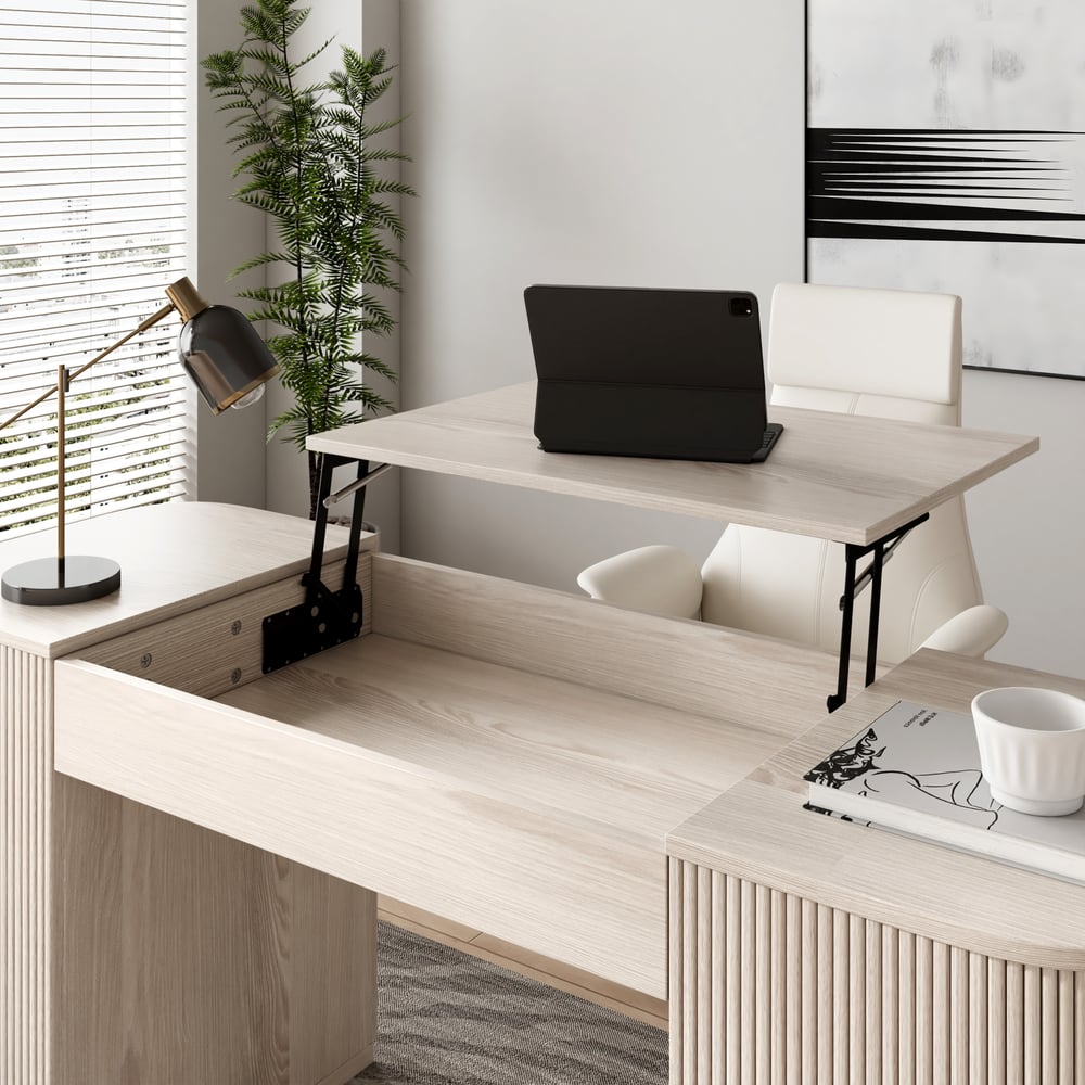 Modern Wash White Standing Computer Desk with 2 Doors and Storage Office Desk (59.8" ) window image