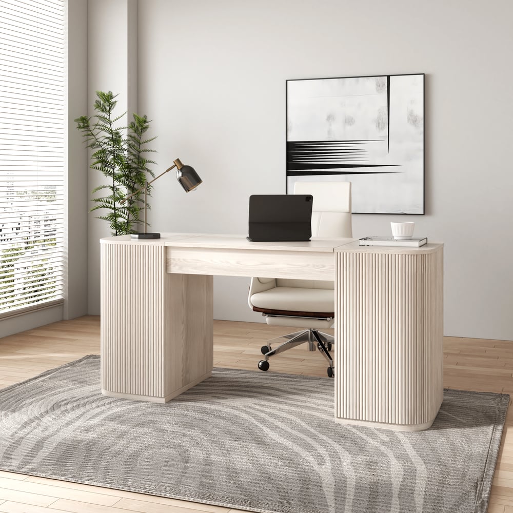 Modern Wash White Standing Computer Desk with 2 Doors and Storage Office Desk (59.8" ) window image