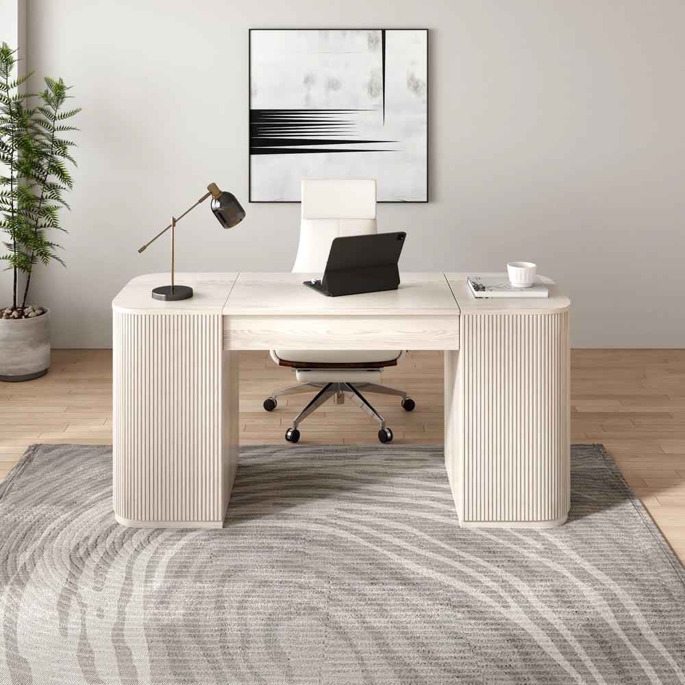 Modern Wash White Standing Computer Desk with 2 Doors and Storage Office Desk (59.8" ) window image