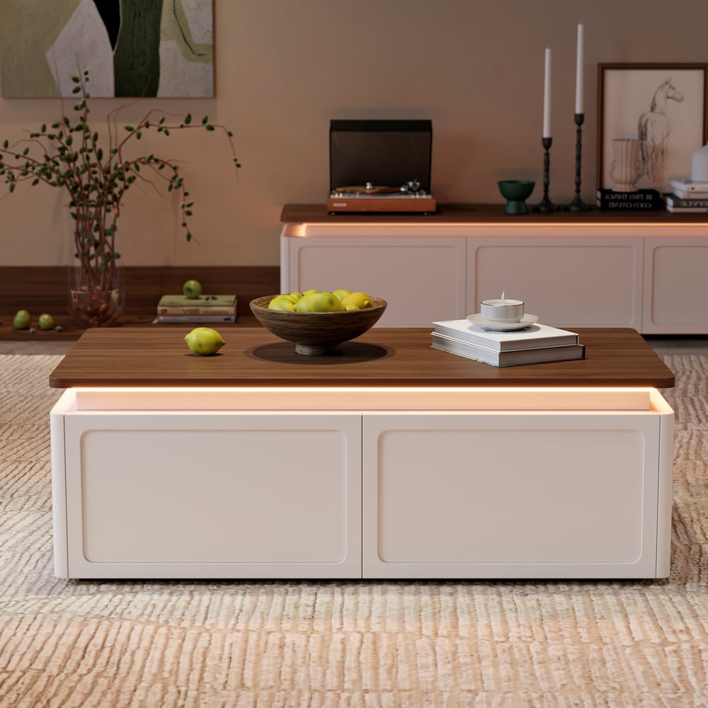 Ambra Extendable TV Stand with 3 Drawers and Light Coffee Table Set window image