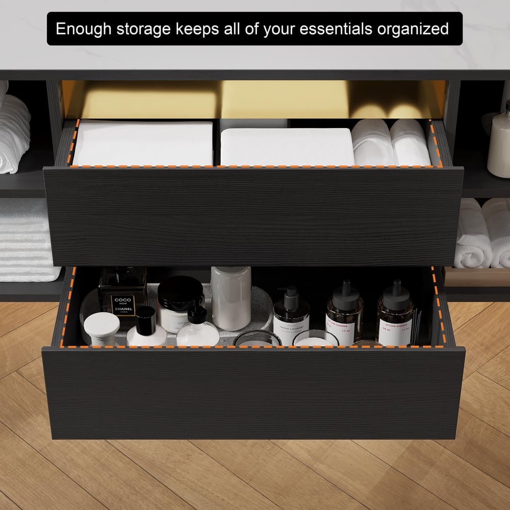 Ensemble de vanité de salle de bain flottant de 1200 mm avec lavabo en céramique, 2 tiroirs et étagères ouvertes en noir image de fenêtre