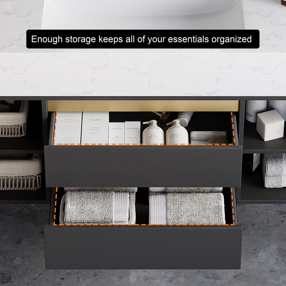 800mm Floating Bathroom Vanity Set with Ceramic Basin 2 Drawers & Open Shelves in Black window image