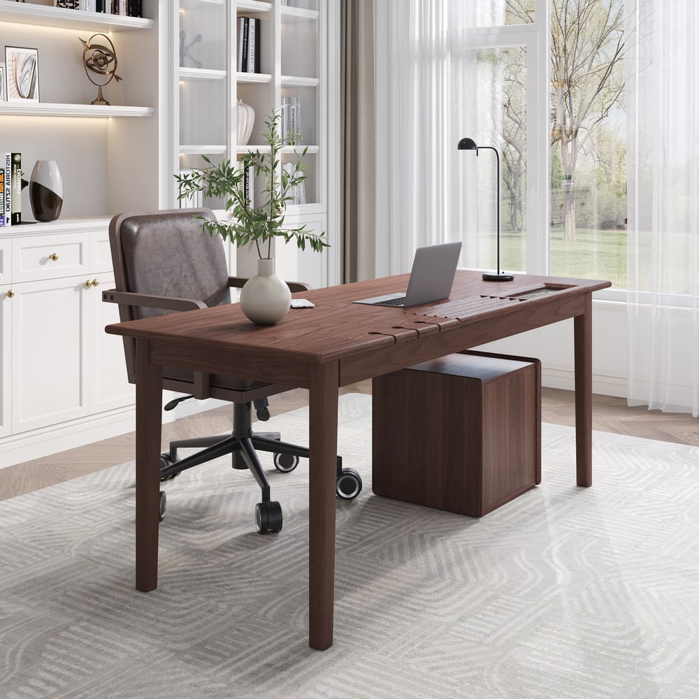 62.9" Modern Style Walnut Wooden Home Office Desk with 6 Drawers window image