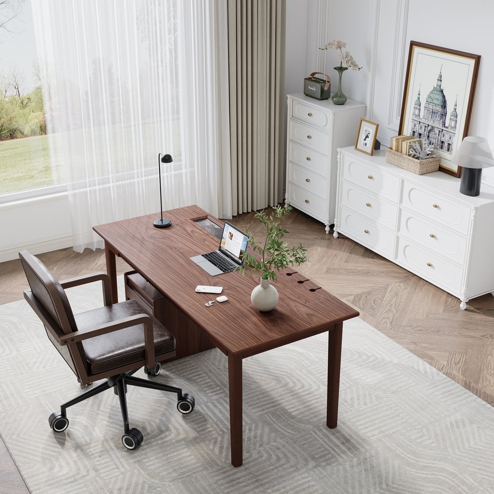 62.9" Modern Style Walnut Wooden Home Office Desk with 6 Drawers window image