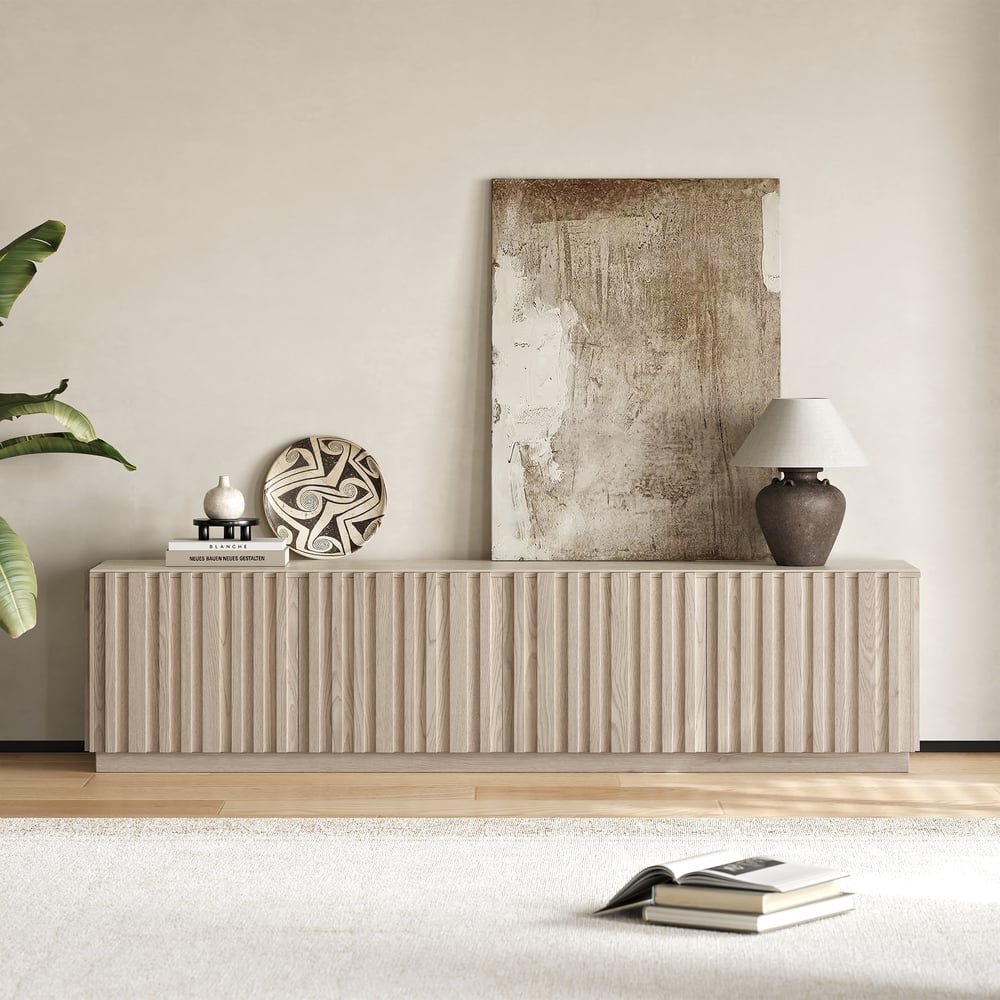 Aura 83" Ash Wood Slatted Whitewash TV Stand with Sintered Stone Top window image