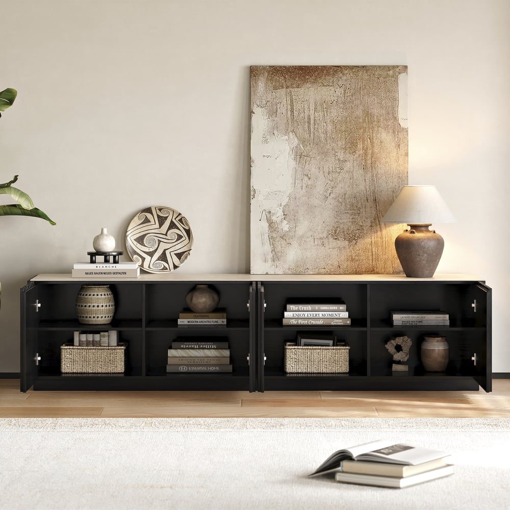 Aura 83" Ash Wood Slatted Black TV Stand with Sintered Stone Top window image