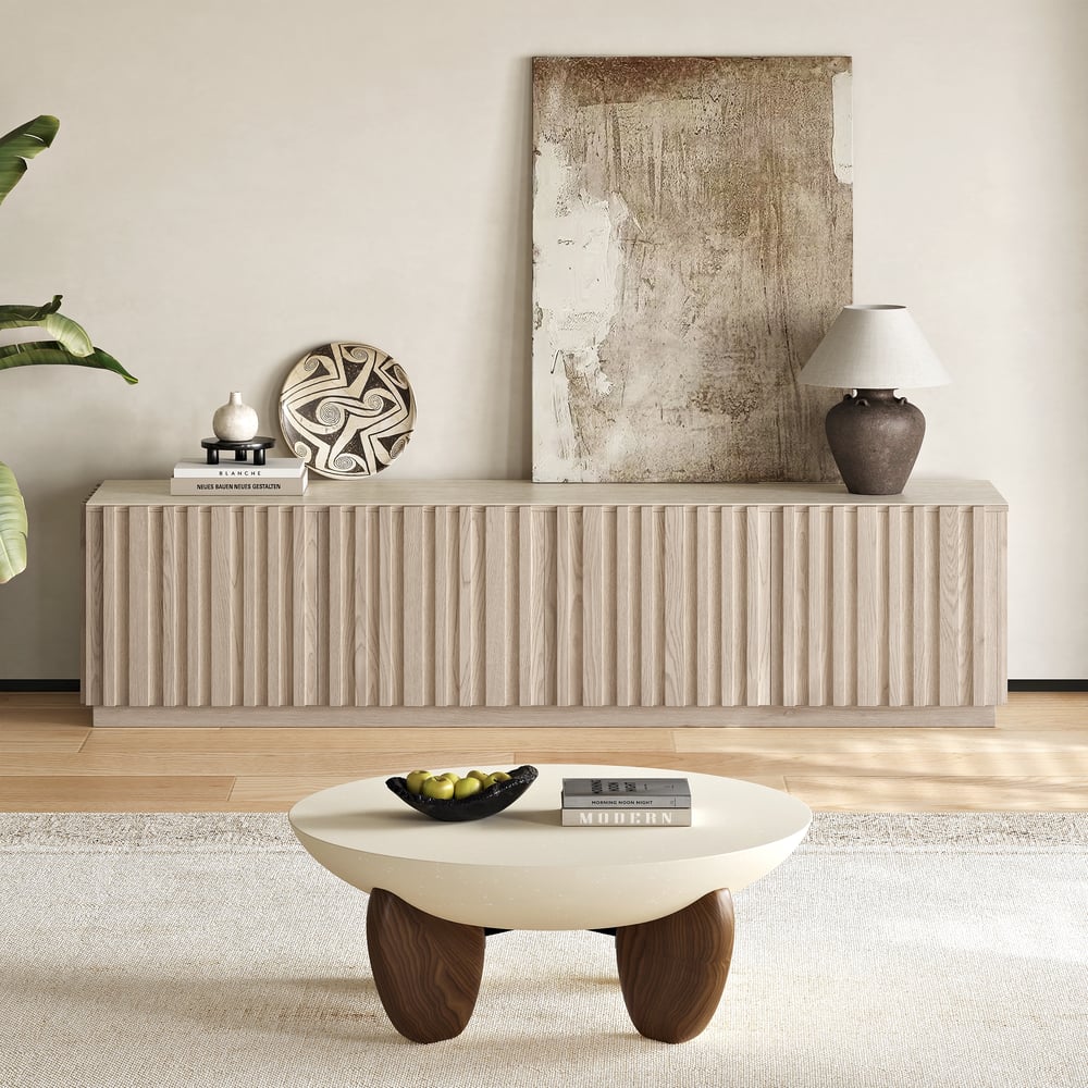 Aura 83" Ash Wood Slatted Whitewash TV Stand with Sintered Stone Top window image