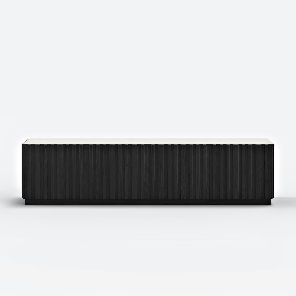 Aura 83" Ash Wood Slatted Black TV Stand with Sintered Stone Top window image