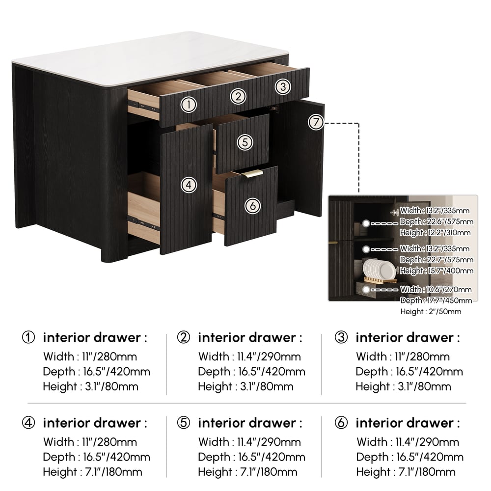 51" Sintered Stone Top Solid Wood Kitchen Island with Storage in Black weights dimensions image
