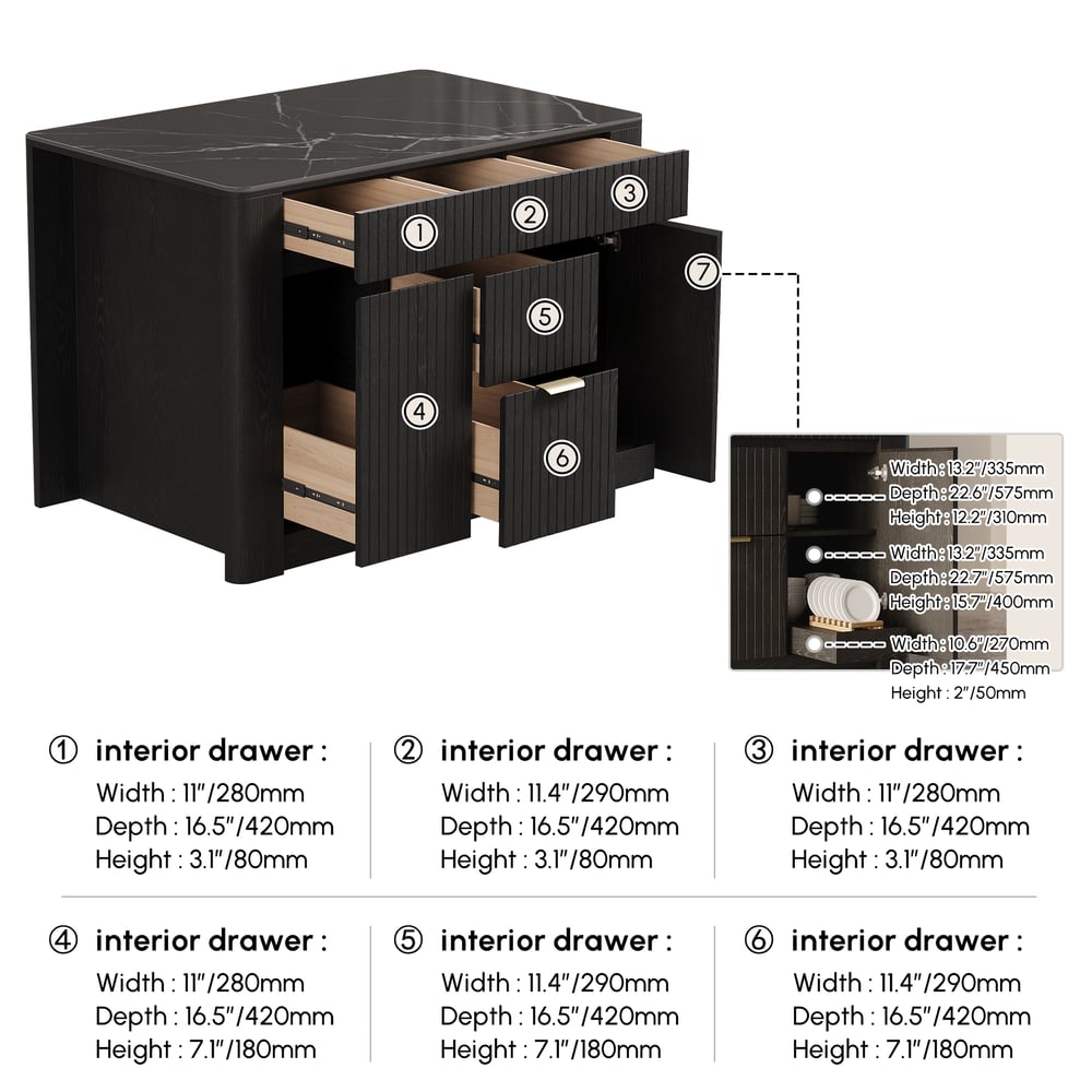 51" Sintered Stone Top Solid Wood Kitchen Island with Storage in Black weights dimensions image