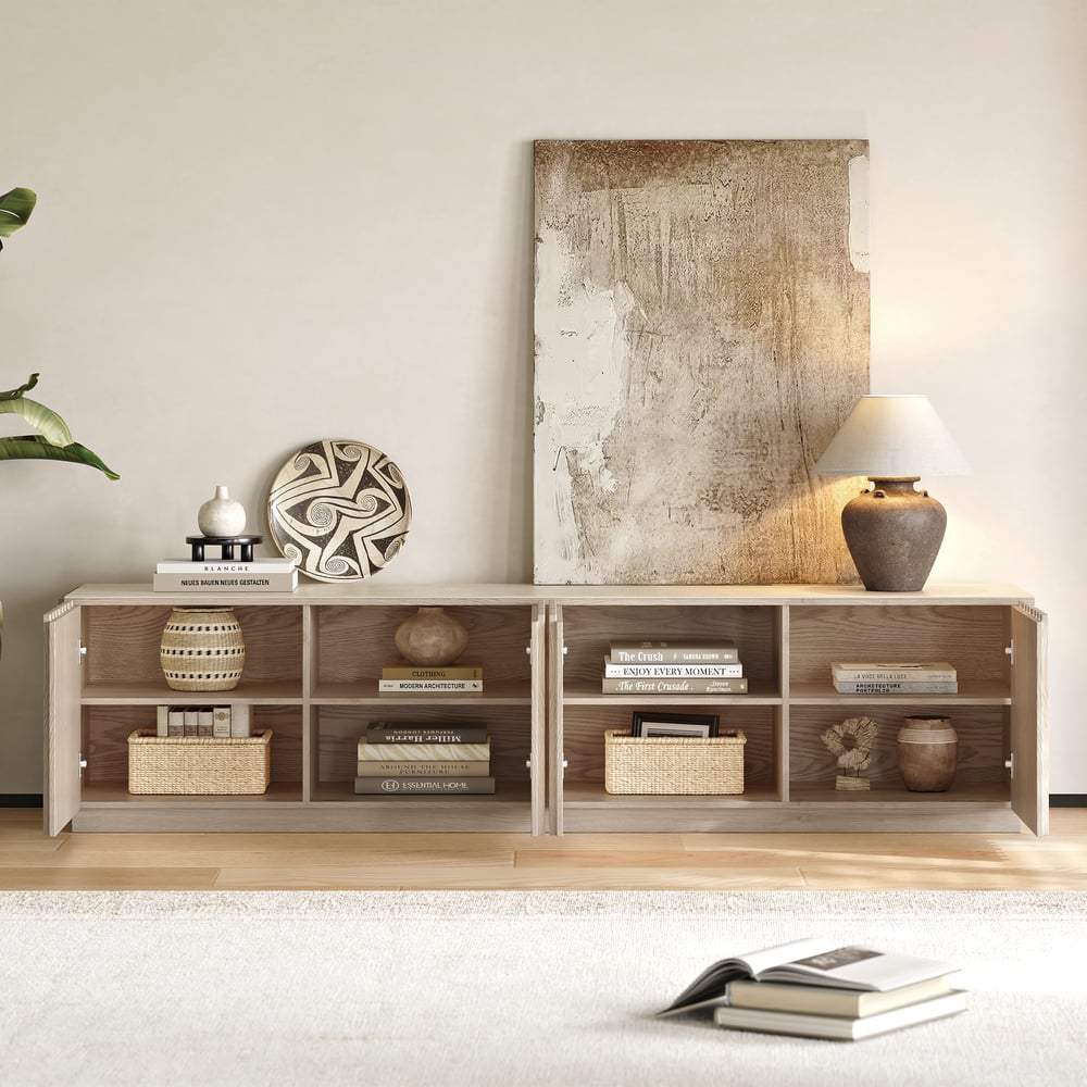 Aura 83" Ash Wood Slatted Whitewash TV Stand with Sintered Stone Top window image