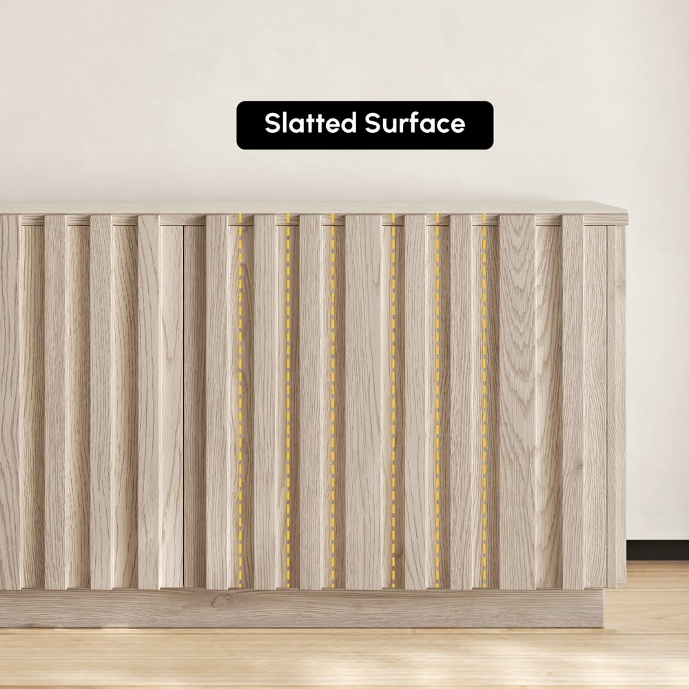 Aura 83" Ash Wood Slatted Whitewash TV Stand with Sintered Stone Top window image