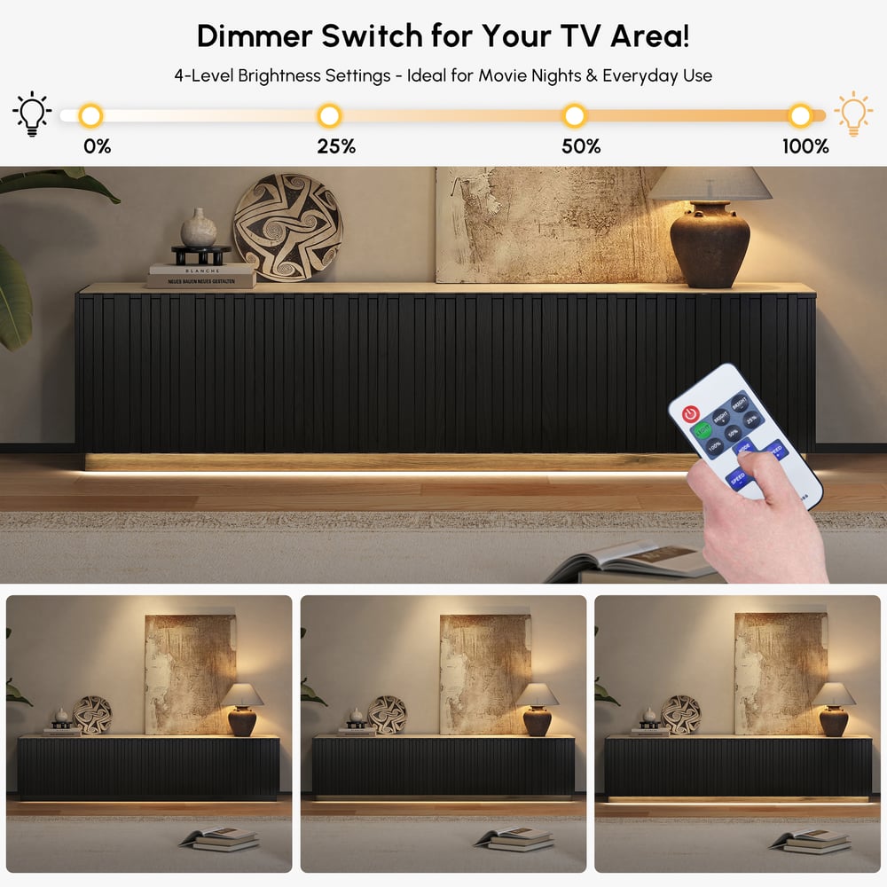 Aura 83" Ash Wood Slatted Black TV Stand with Sintered Stone Top window image