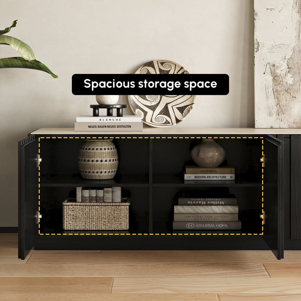 Aura 83" Ash Wood Slatted Black TV Stand with Sintered Stone Top window image