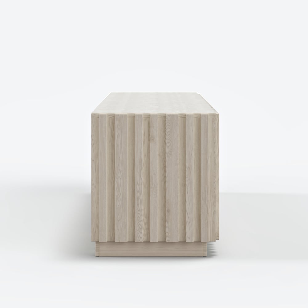 Aura 83" Ash Wood Slatted Whitewash TV Stand with Sintered Stone Top window image