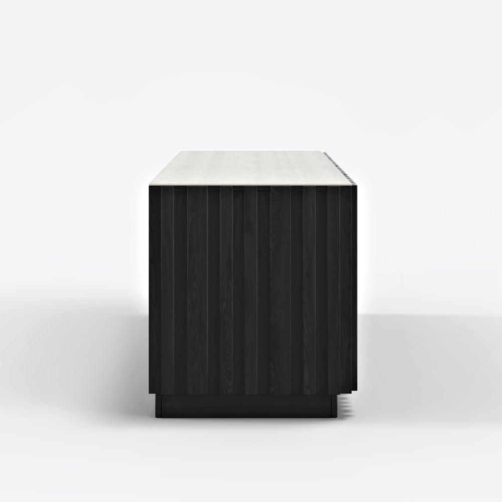 Aura 83" Ash Wood Slatted Black TV Stand with Sintered Stone Top window image