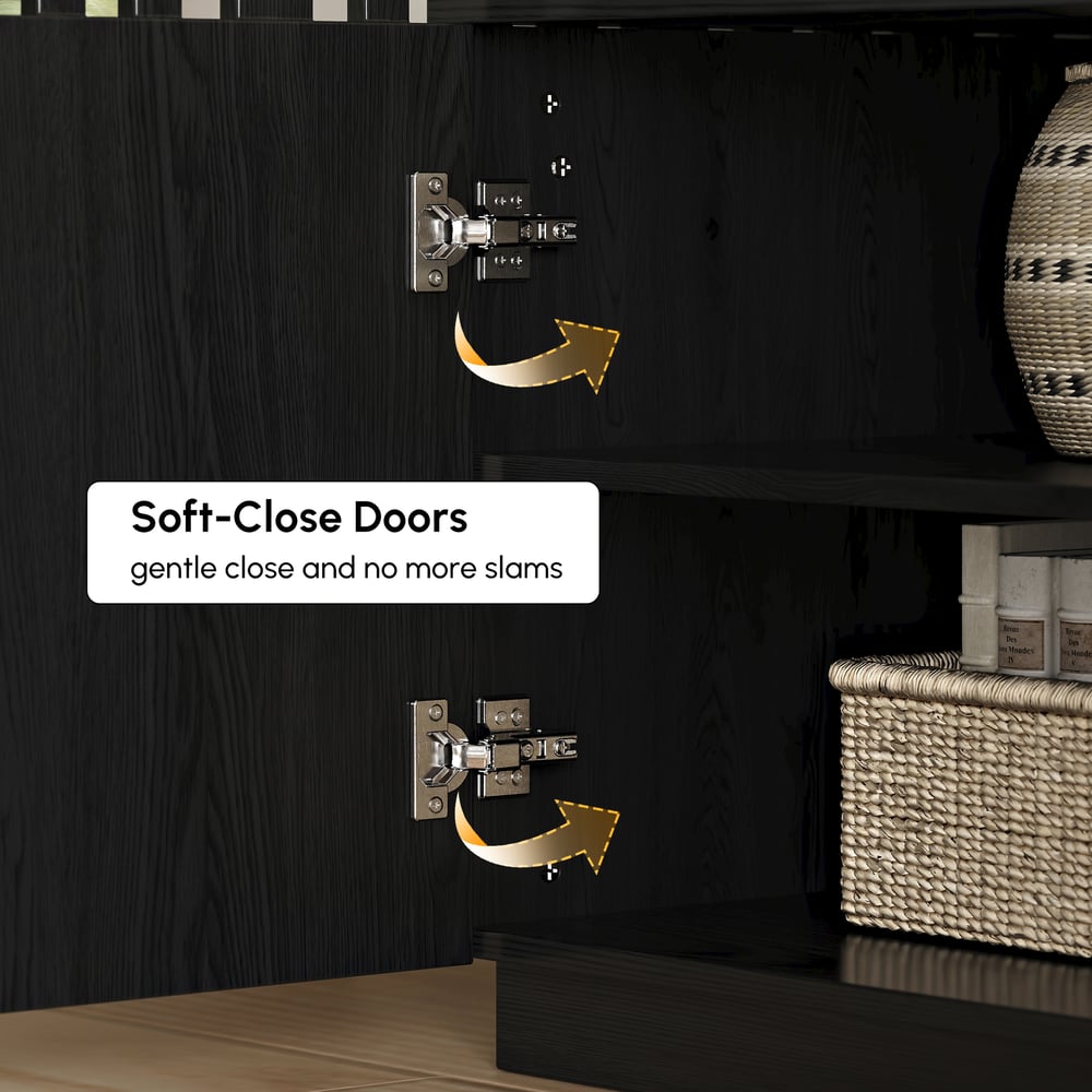 Aura 83" Ash Wood Slatted Black TV Stand with Sintered Stone Top window image