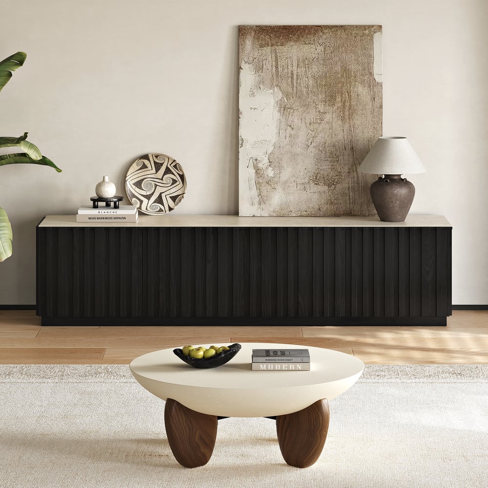 Aura 83" Ash Wood Slatted Black TV Stand with Sintered Stone Top window image