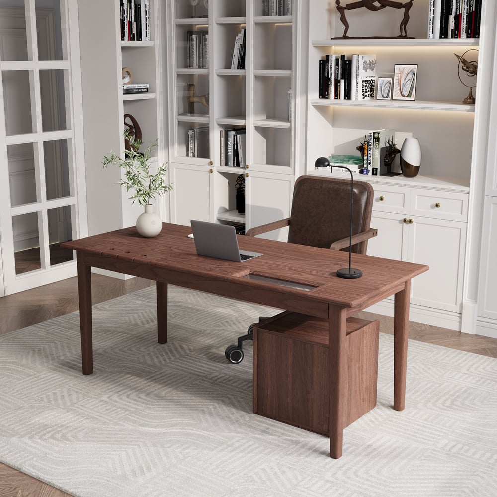 62.9" Modern Style Walnut Wooden Home Office Desk with 6 Drawers window image