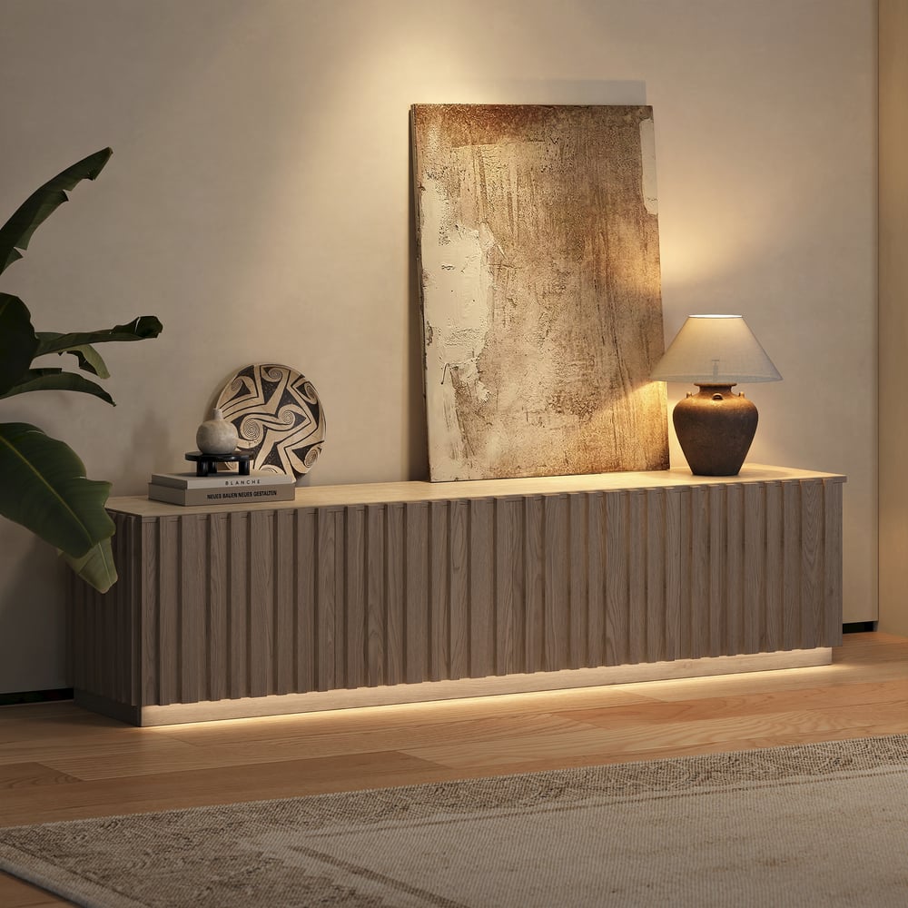 Aura 83" Ash Wood Slatted Whitewash TV Stand with Sintered Stone Top window image