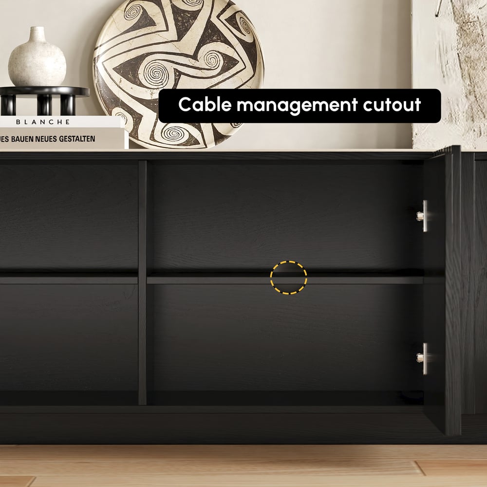 Aura 83" Ash Wood Slatted Black TV Stand with Sintered Stone Top window image