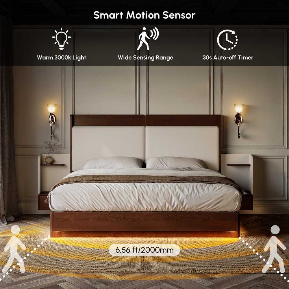 King Solid Wood Bed with Leather Extended Headboard & Floating Smart Nightstand Set window image