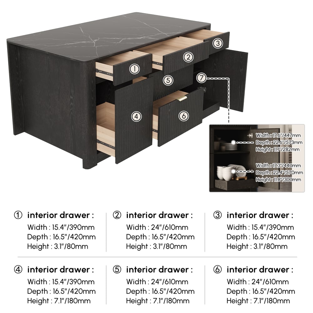 72" Sintered Stone Top Solid Wood Kitchen Island with Storage in Black weights dimensions image