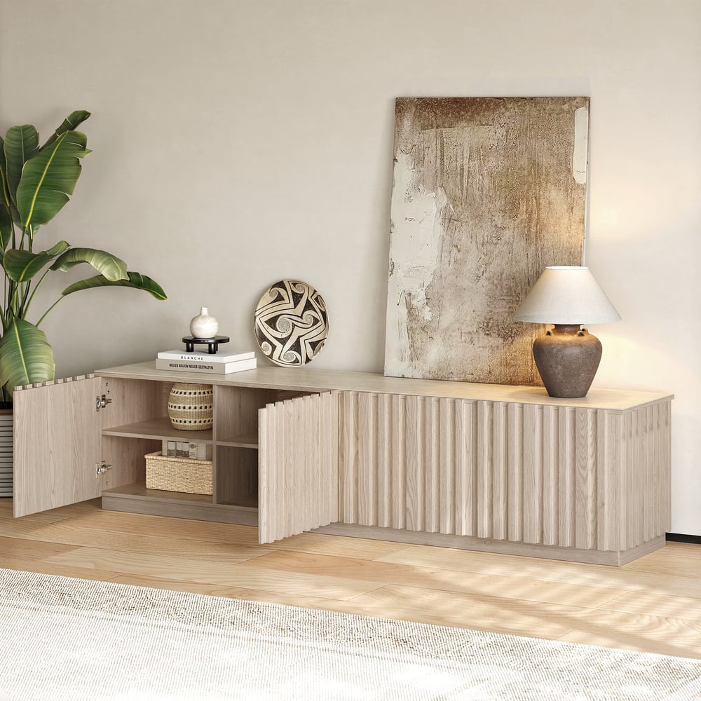 Aura 83" Ash Wood Slatted Whitewash TV Stand with Sintered Stone Top window image