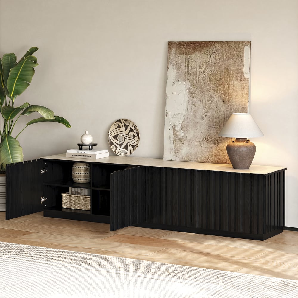 Aura 83" Ash Wood Slatted Black TV Stand with Sintered Stone Top window image