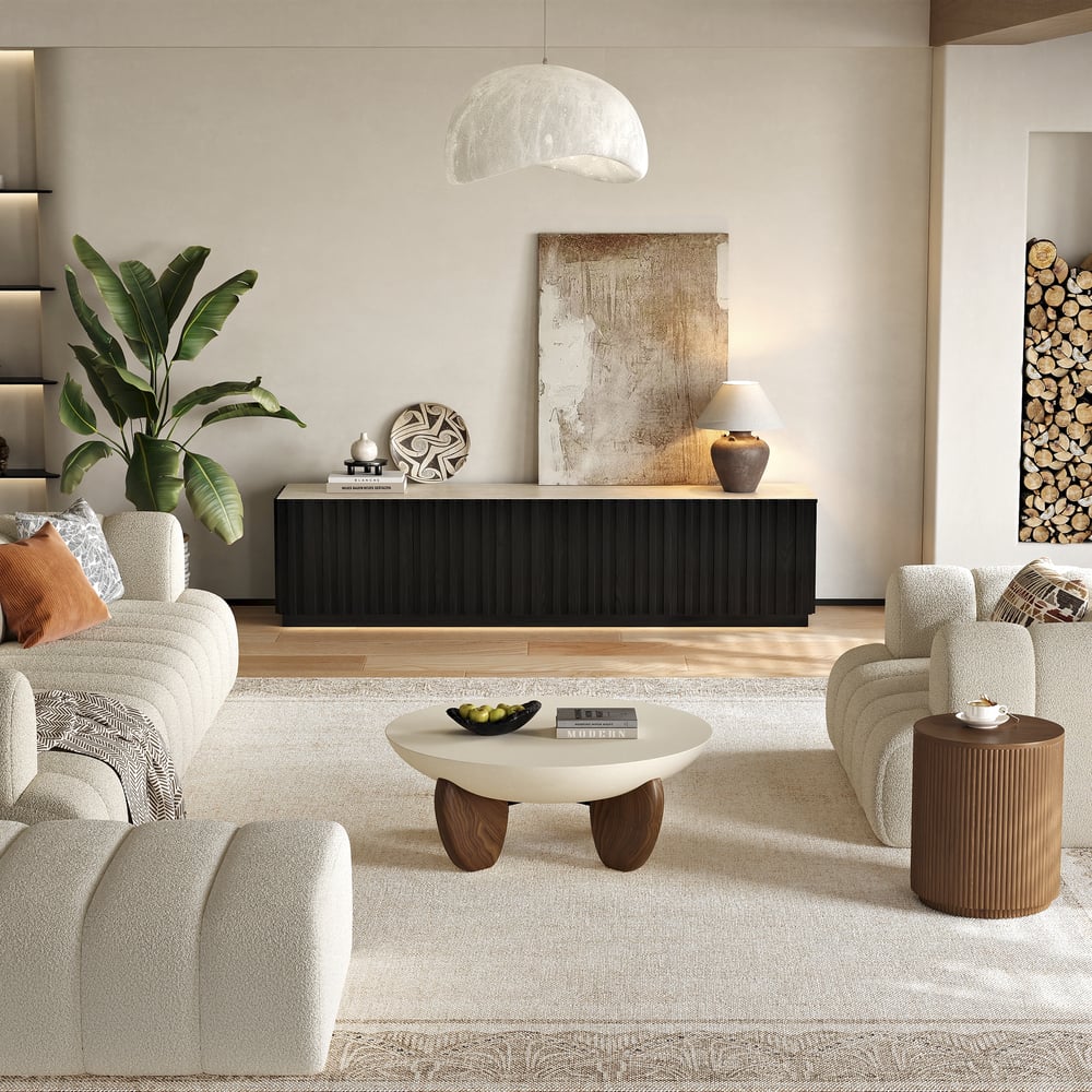 Aura 83" Ash Wood Slatted Black TV Stand with Sintered Stone Top window image