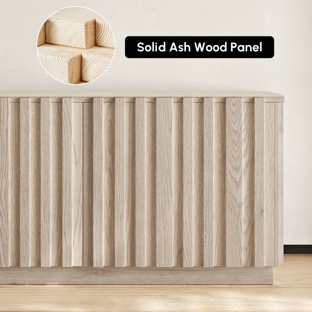 Aura 83" Ash Wood Slatted Whitewash TV Stand with Sintered Stone Top window image