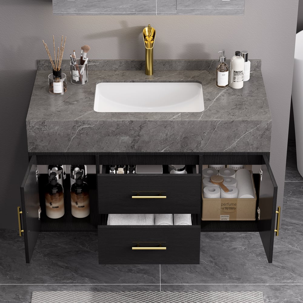 100cm Black Floating Bathroom Vanity Set with LED Mirror Cabinet window image