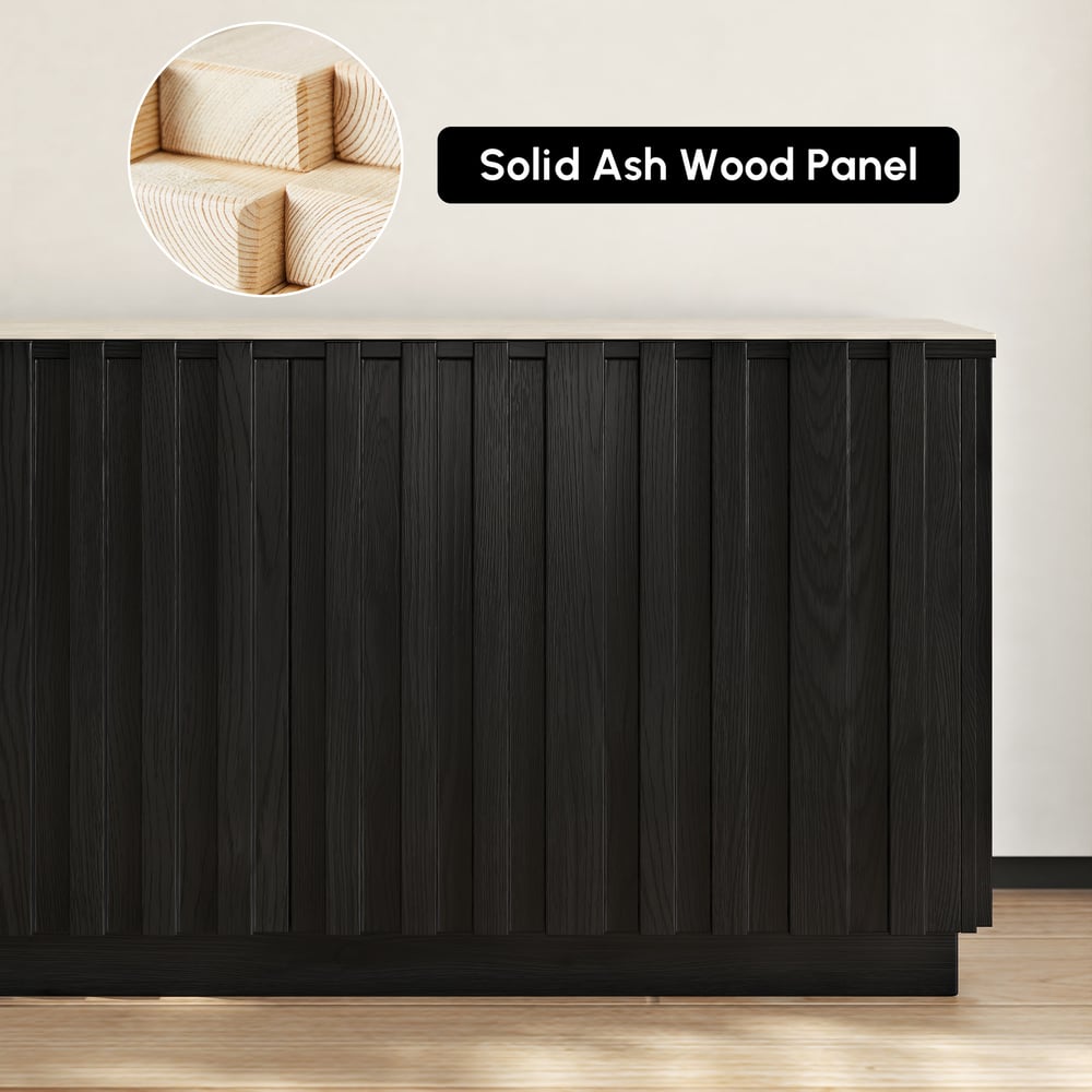 Aura 83" Ash Wood Slatted Black TV Stand with Sintered Stone Top window image