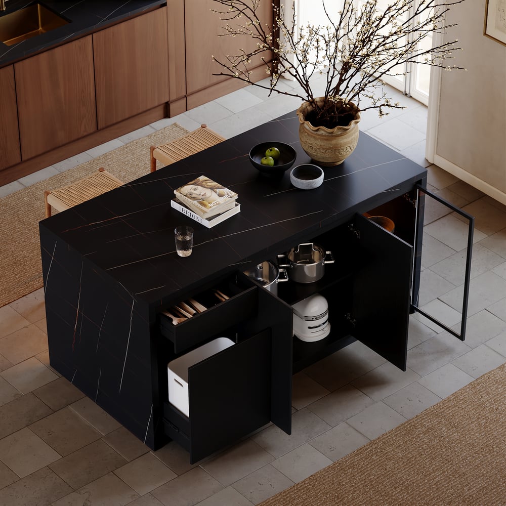 72" Modern Waterfall Kitchen lsland with Light & Storage window image