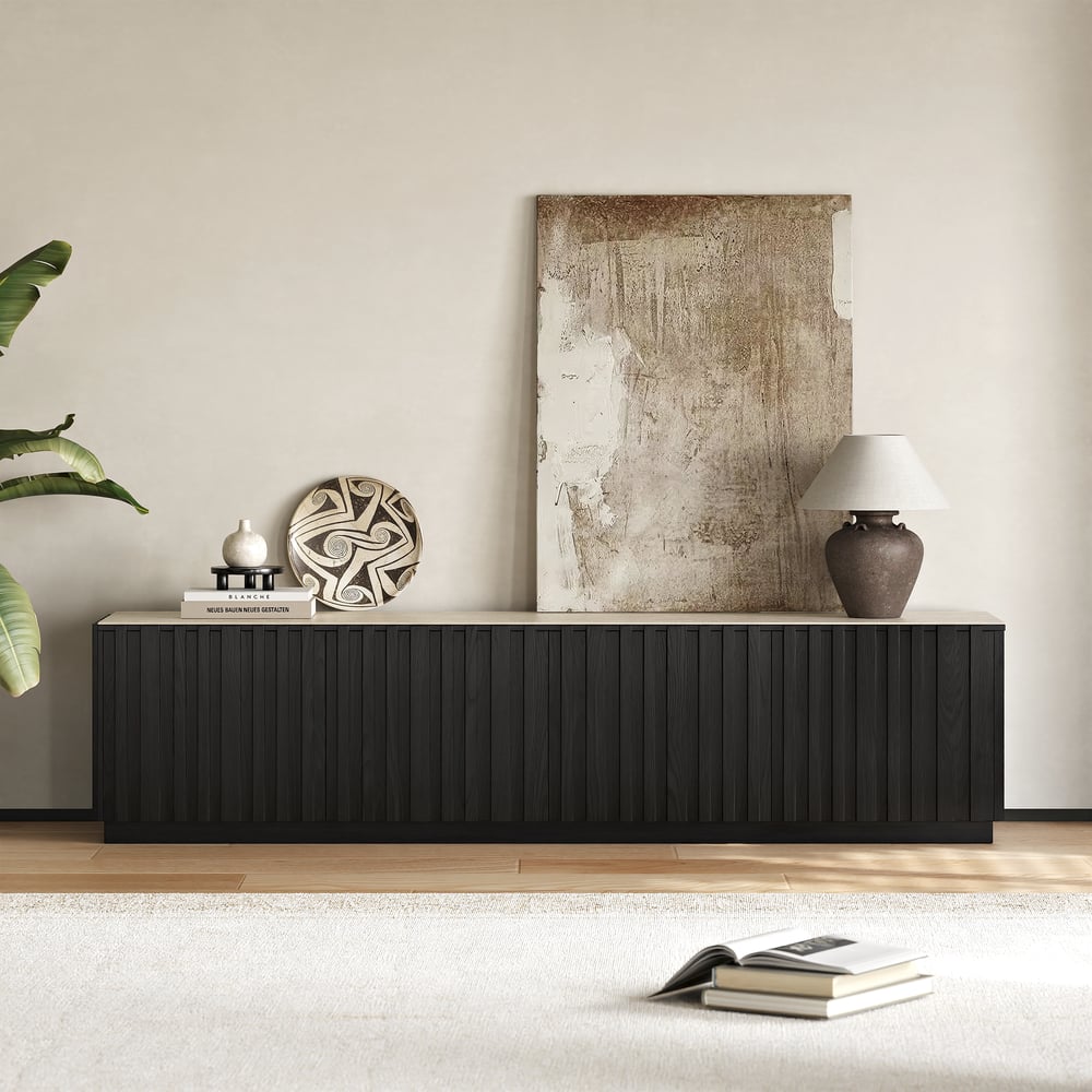 Aura 83" Ash Wood Slatted Black TV Stand with Sintered Stone Top window image