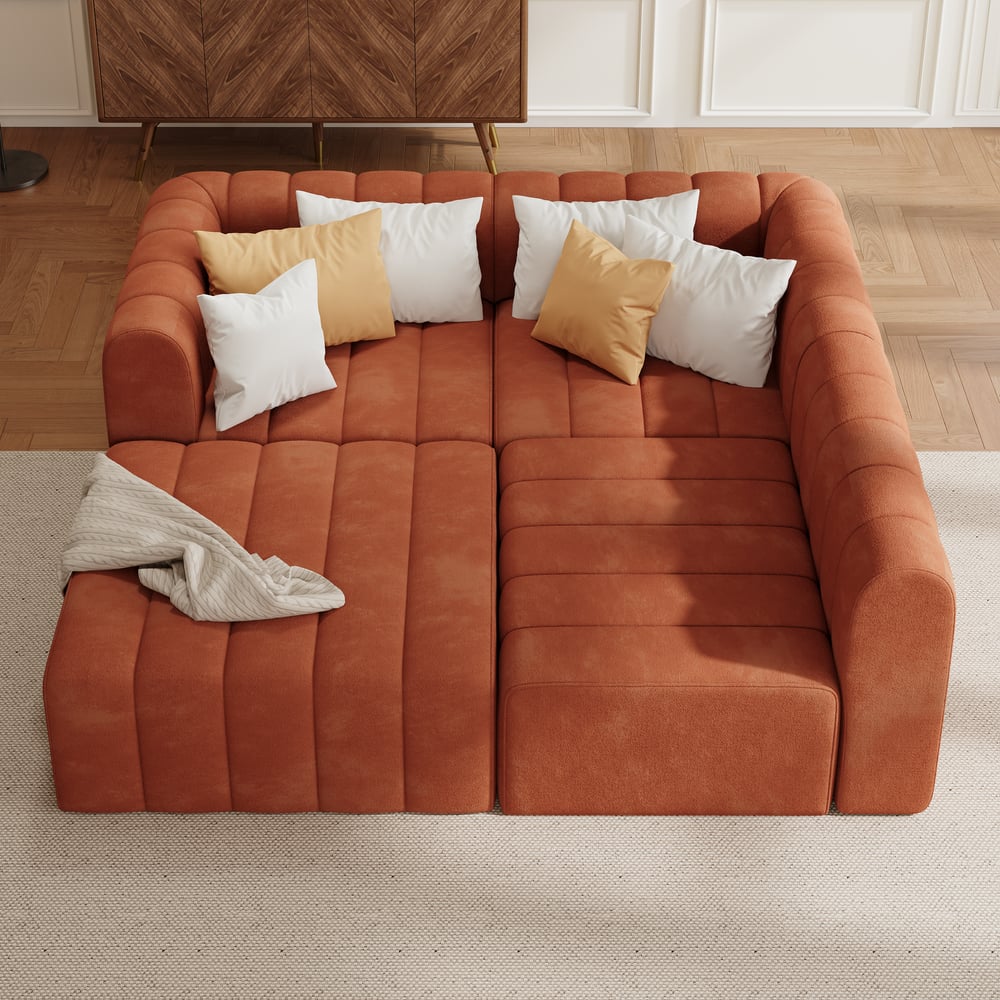 3020mm Orange Velvet Modular Pit Sectional Sofa Set Convertible 4-Piece Upholstered window image