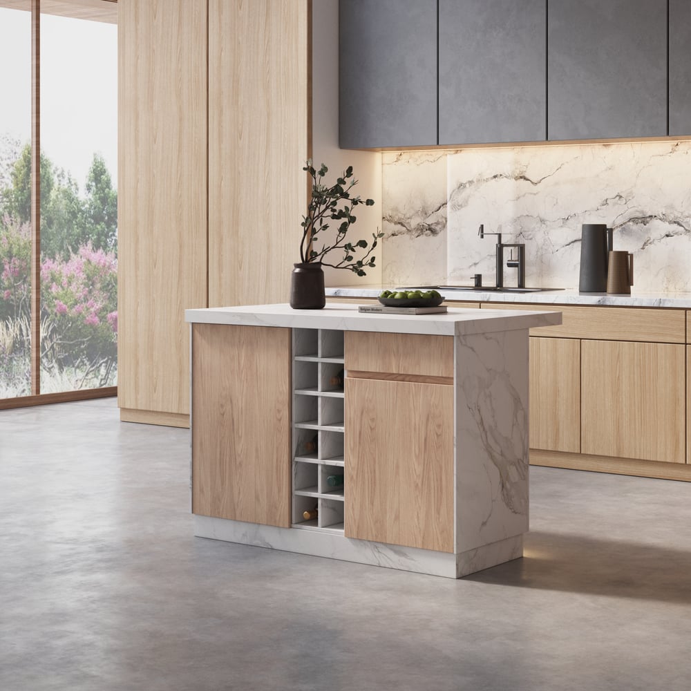 1270mm Japandi Kitchen lsland White Wooden Storage Kitchen Cabinet with Light window image