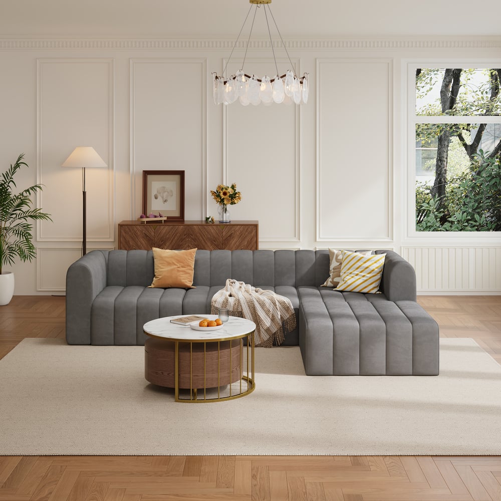 3020mm Grey Velvet Modular Pit Sectional Sofa Set Convertible 4-Piece Upholstered window image
