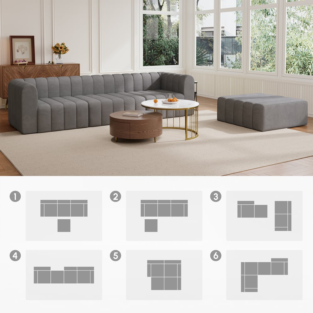 3020mm Grey Velvet Modular Pit Sectional Sofa Set Convertible 4-Piece Upholstered window image