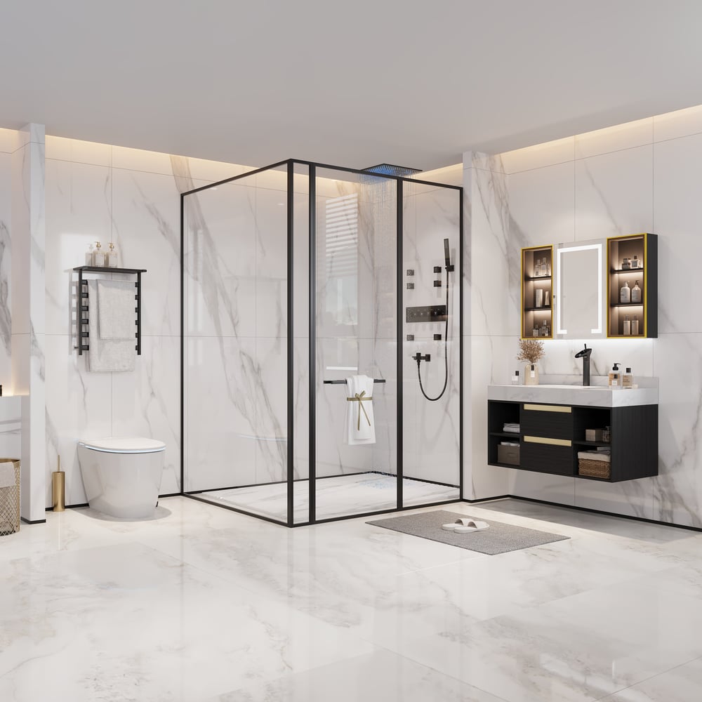 1000mm Floating Bathroom Vanity Set with Ceramic Basin 2 Drawers & Open Shelves in Black window image