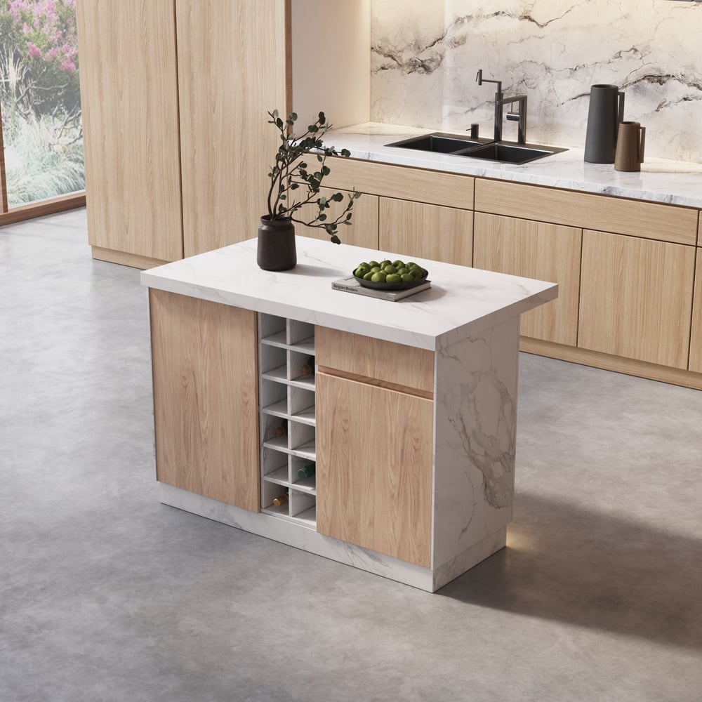 1270mm Japandi Kitchen lsland White Wooden Storage Kitchen Cabinet with Light window image