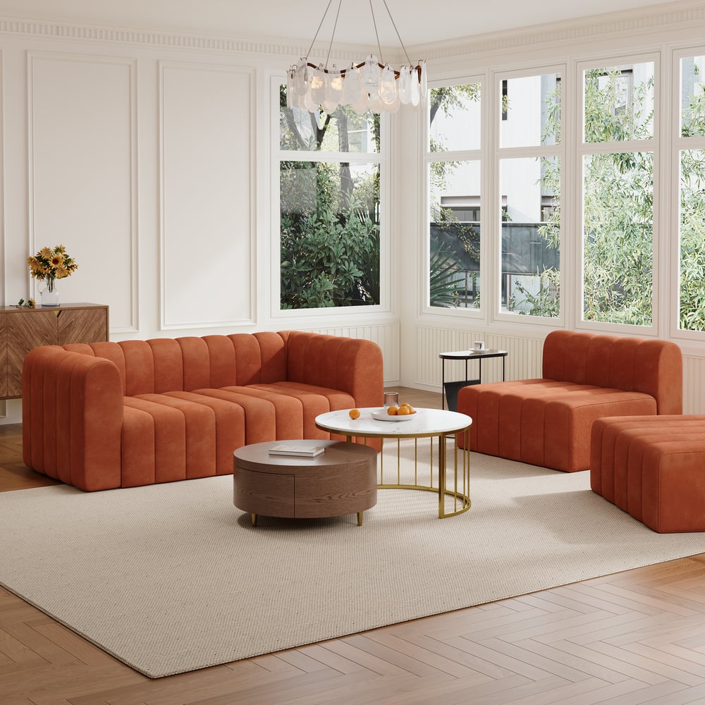 3020mm Orange Velvet Modular Pit Sectional Sofa Set Convertible 4-Piece Upholstered window image