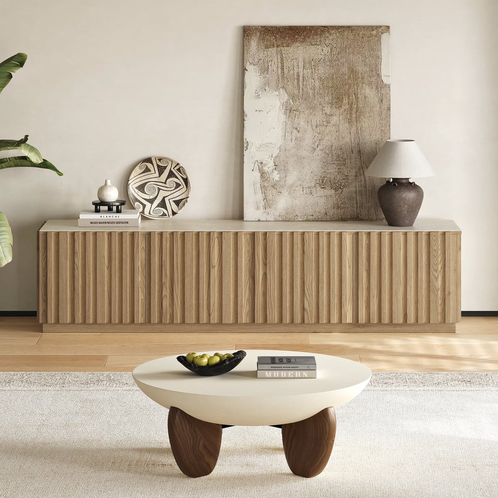 Aura 83" Ash Wood Slatted Natural TV Stand with Sintered Stone Top window image