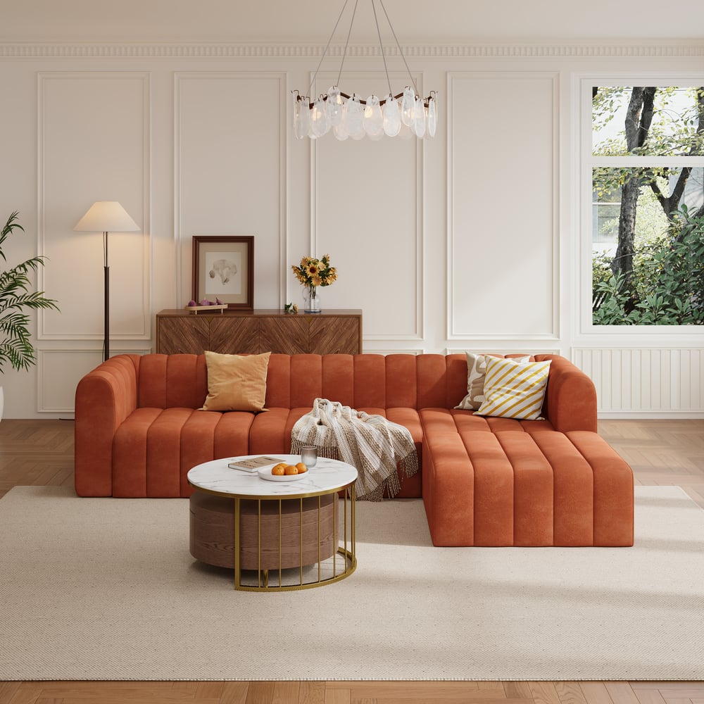 3020mm Orange Velvet Modular Pit Sectional Sofa Set Convertible 4-Piece Upholstered window image