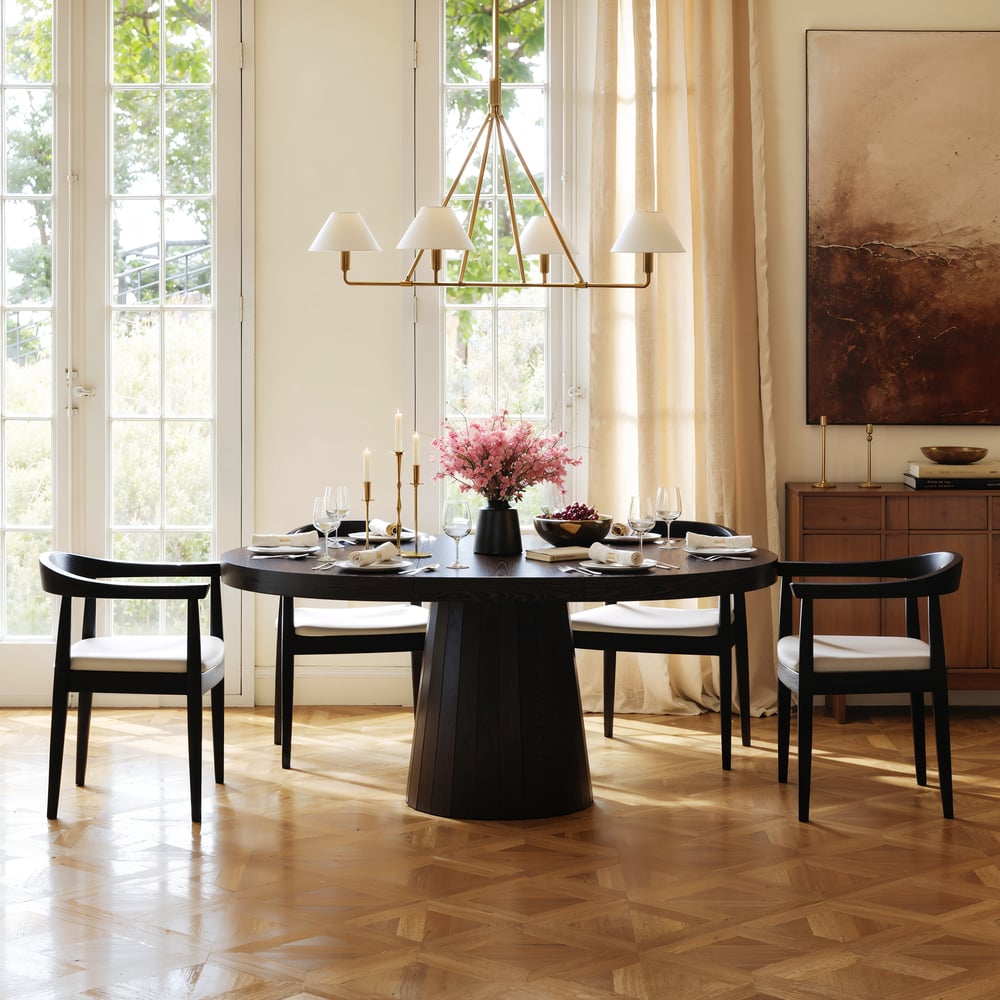 Japandi 100 – 140 cm Extendable Round-to-Oval Wood Dining Table–Black, Seats 4-6 window image