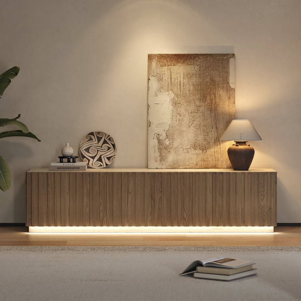 Aura 83" Ash Wood Slatted Natural TV Stand with Sintered Stone Top window image