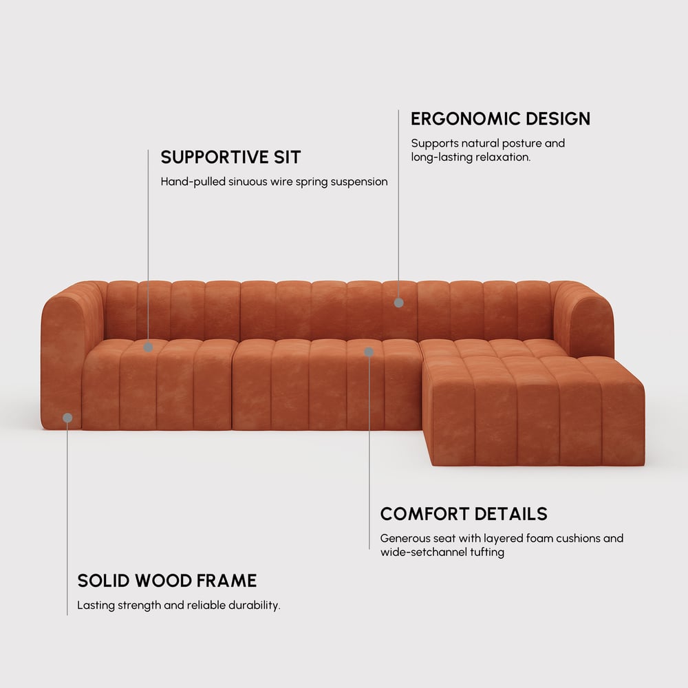 3020mm Orange Velvet Modular Pit Sectional Sofa Set Convertible 4-Piece Upholstered window image