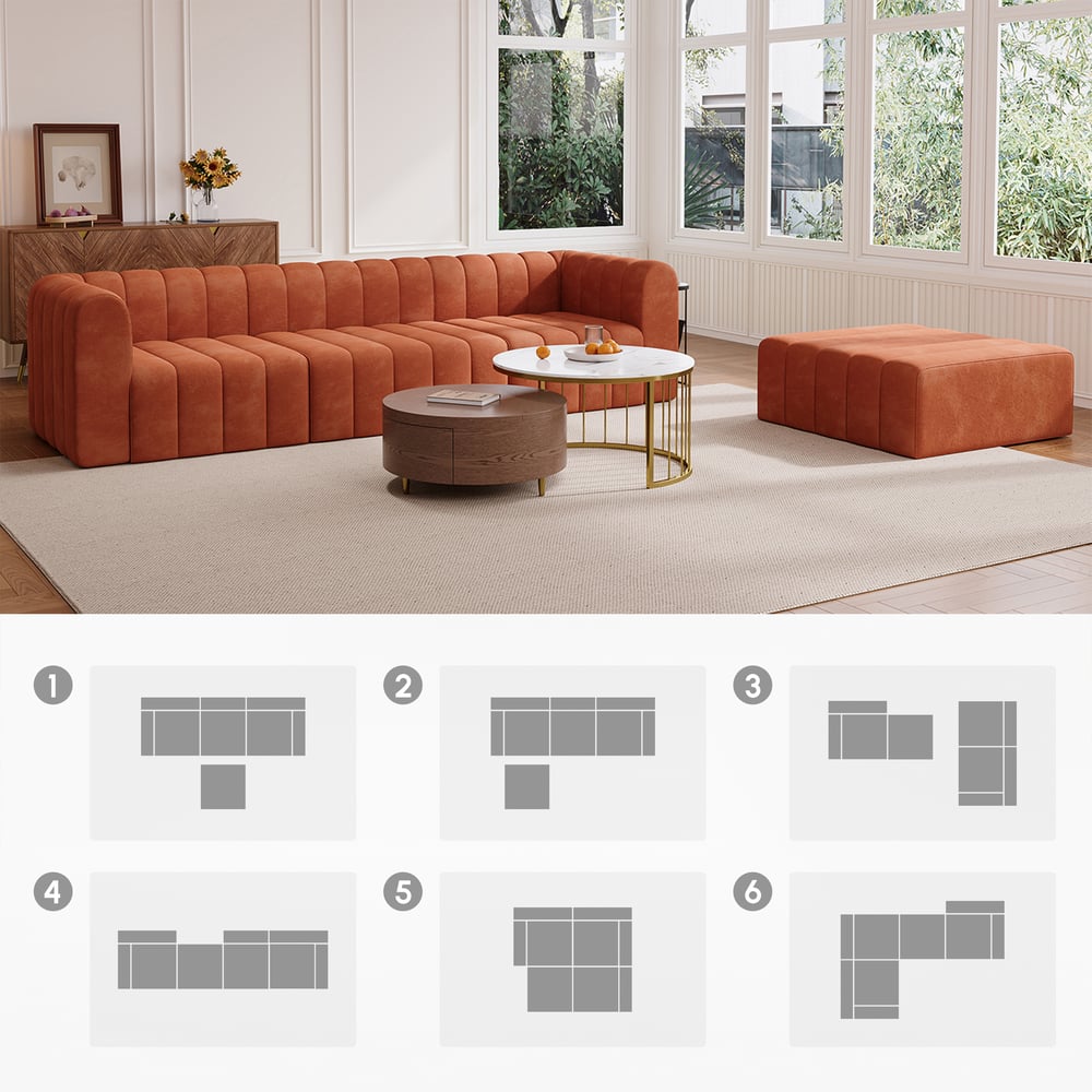 3020mm Orange Velvet Modular Pit Sectional Sofa Set Convertible 4-Piece Upholstered window image